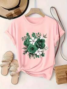 Round Neck T-Shirt With Floral Print, Casual Short Sleeve Top. A Very Distinctive Printed T-Shirt / Unisex Style / Suitable For Both Men And Women / Wrinkle Resistant / Breathable - 黑色 - 查看 11