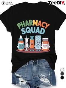 Plus Size Women's T-Shirt With Cartoon Pharmacy Equipment Design - Medicine Bottle Pattern And Pharmaceutical Symbols, Comfortable Round Neck, Short Sleeve, Casual Wear For Work And Daily Use In Pharmacies, Gift For Pharmacists, Suitable For All Seasons. - 黑色 - 查看 7