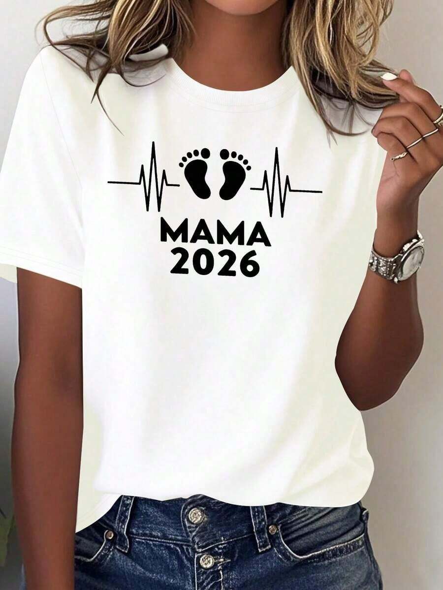 Women's Short-Sleeved T-Shirt, Model 2026, With Heart And Footprint Line Print, White With Print, Soft And Breathable, Loose Fit, Washable, Comfortable For All Seasons, Maternity Clothes, Loose T-Shirt, Plain Summer T-Shirt. - 白色 - 查看 1