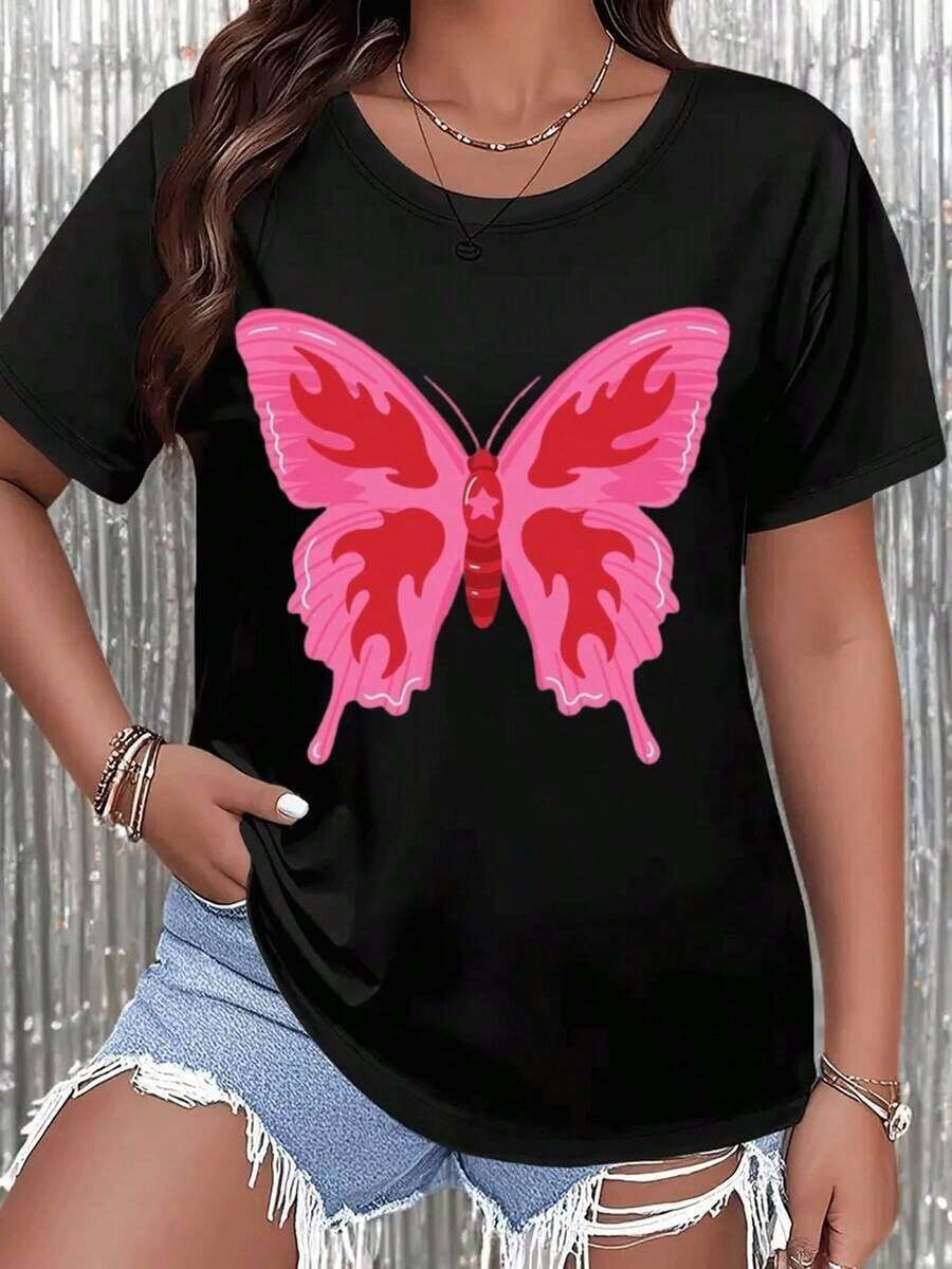 Camiseta de manga corta negra para mujer de primera calidad con estampado de mariposa rosa, top casual de verano para uso diario, ecológica. - Negro - Ver 1