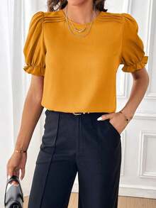 Blusa con mangas abullonadas, blusas de manga corta - Amarillo Mostaza - Ver 6