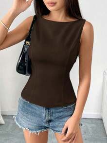Camisa ajustada sin mangas de unicolor con lazo en la espalda, sexy y elegante para uso casual, adecuada para citas, vacaciones, oficina/negocios, primavera/verano - Marrón - Ver 3