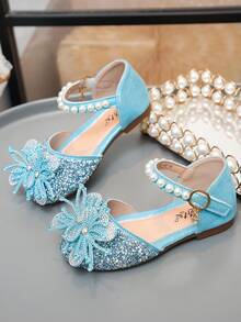 Zapatos de princesa para niñas con decoración de diamante de imitación, combinados con lazo, perlas y lentejuelas, adecuados para actuaciones en el escenario, pasarela y ocasiones especiales - Azul - Ver 4