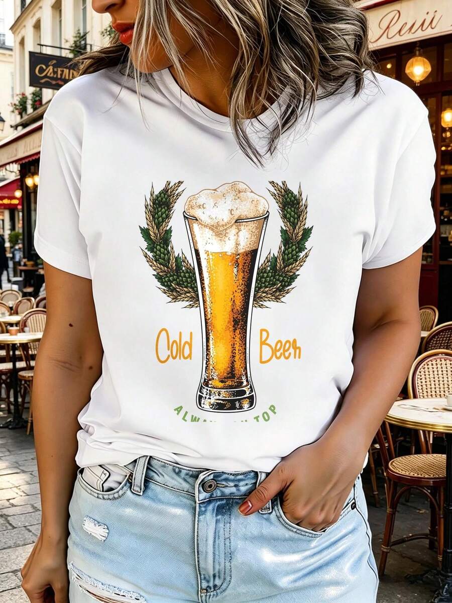 Soft Soft Summer Short Sleeve T-Shirt For Women With Beer Mug Print, Fashionable And Casual, Machine Washable, Comfortable Fit, 2D Flat Print, Blouses For Women. - 白色 - 查看 1