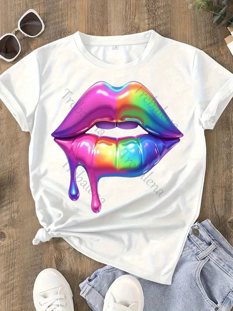 Plus Size T-Shirt With Round Neck, Rainbow Lips Print And Drop Design, Colorful, Fun And Fashionable T-Shirt, Plus Size T-Shirt For Women, Short Sleeve T-Shirt, Fashionable Casual Top, Women's Clothing For Spring/Summer, Mother's Day/Anniversary/June 10, Sizes 0X-4X. - 白色 - 查看 1