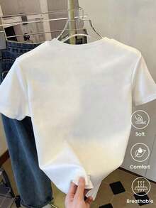 180g Made In Mexico, Spring/Summer 2026 Fashion Short Sleeve T-Shirt, Cartoon Print, Couple Style, Underwear/Outerwear, Casual Round Neck For Office, Unisex One Piece Top - 白色的 - 查看 3