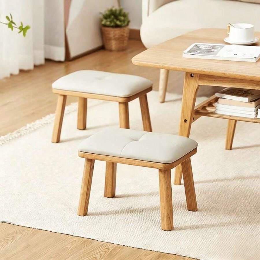 Small Solid Wood Stool, Low Stool, Sturdy And Comfortable For Long Sitting, Modern Minimalist Living Room Coffee Table Wooden Stool, Sofa Soft Padded Bench, Shoe Changing Stool - Natural Wood Color - View 1