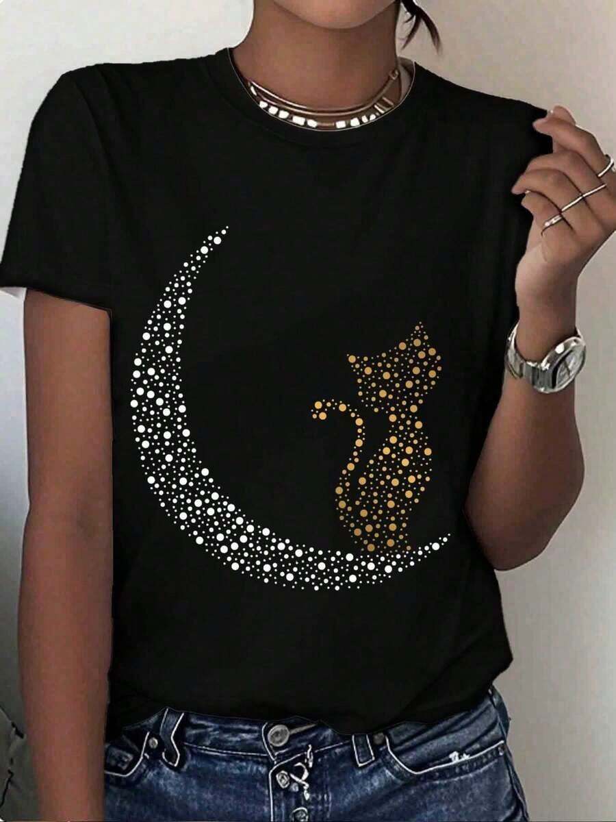 White T-Shirt With Moon And Cat Design, Graphic Polka Dot Print, Casual Summer Top For Women, Streetwear Style - 黑色 - 查看 1