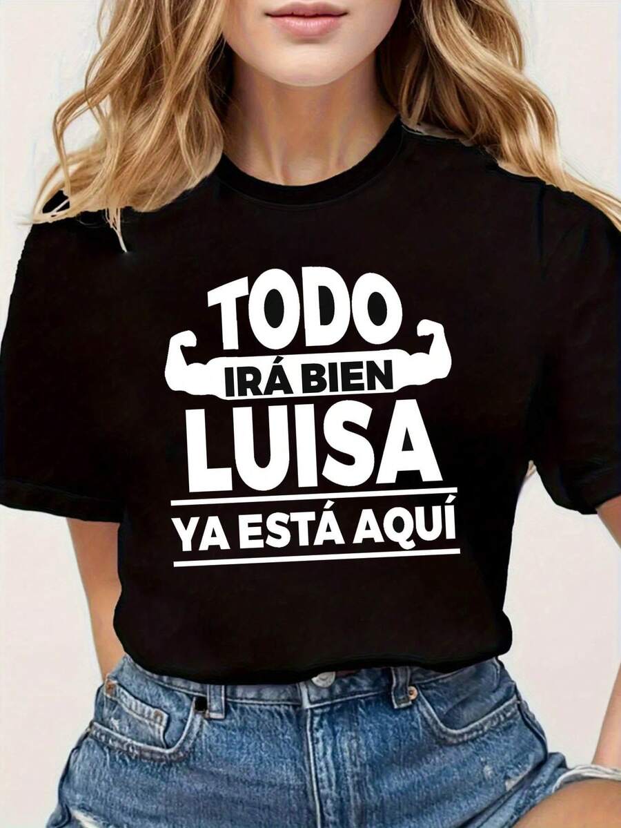 T-Shirt With "TODO" Letter Print, Short Sleeves And Round Neck, Casual Top For Summer And Spring, Women's Clothing - 黑色 - 查看 1