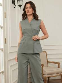 Conjunto de ropa casual y profesional de ajuste delgado para primavera y verano, con top corto y pantalones rectos, estilo elegante de "old money" para mujer, conjunto de ropa casual de negocios para mujer - Verde - Ver 4