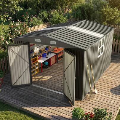 Quictent Large 10x12 FT Outdoor Storage Shed, Metal Workshop With Skylight & 4 Windows, Waterproof Utility Shed For Ride-On Mower, Snow Blower
