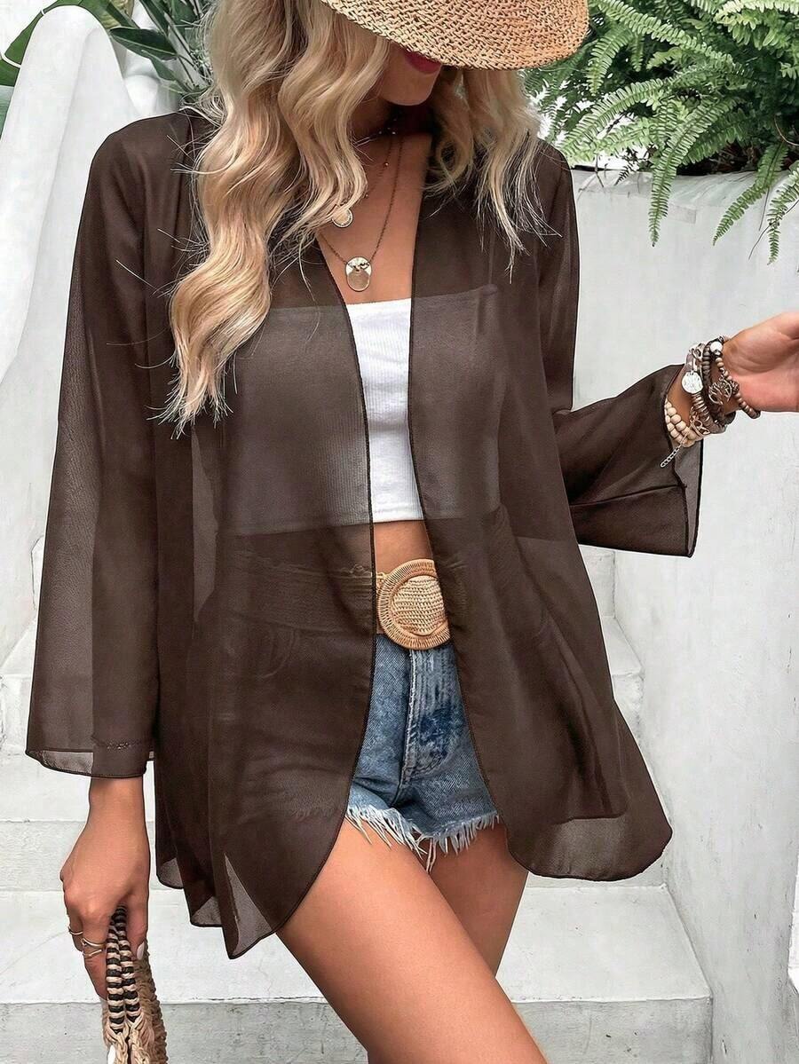 Chaqueta ligera y transparente de manga acampanada de unicolor casual de vacaciones EARO para primavera - Café integral - Ver 1