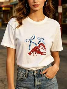 Everyday Top With Lobster Bow Print, 180g Summer T-Shirt, Casual Short Sleeve Shirt For Women, Patriotic Gift For Independence Day, Team Wear, Essential For Family Gatherings, Crew Neck Top - Unisex Loose Cotton Short Sleeve Crew Neck Urban Vintage Style T-Shirt. - 白色 - 查看 7