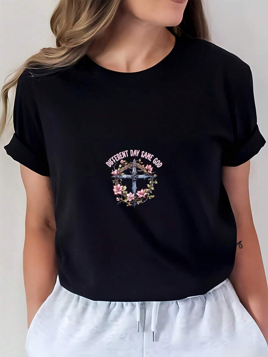 Camiseta suave para mujer de 180 g con diseño floral "Diferentes días, el mismo Dios" - Perfecta para regalos de cumpleaños, reuniones familiares y ropa para actividades de team-building corporativas. - Negro - Ver 1