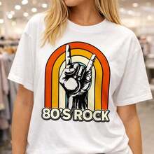 Camiseta de manga corta 1 pieza, camiseta de algodón para mujer de talla grande con estampado retro de la década de los 80 con el símbolo de la mano de rock y arcoíris, para uso diario, regalos de cumpleaños, regalos de Navidad, regalos de Halloween, o como camiseta conmemorativa para amigos o seres queridos. También Apto Como Suéter Entrega Rápida 100% Algodón - Blanco - Ver 6