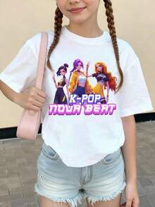 Explorewe 1 pieza, blusa blanca de manga corta con estampado de personaje de dibujos animados de chica , de corte holgado, adecuada para chicas adolescentes, ideal para usar en primavera, verano, otoño e invierno, regalo de Navidad perfecto para niñas. Blusas para dama y hombre, playeras oversize, blusas frescas para el calor, envío nacional. - Blanco - Ver 8