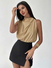 Blusa asimétrica plisada de color albaricoque, elegante y de moda para uso diario, oficina, vacaciones y festivales de música, primavera/verano - Caqui - Ver 2