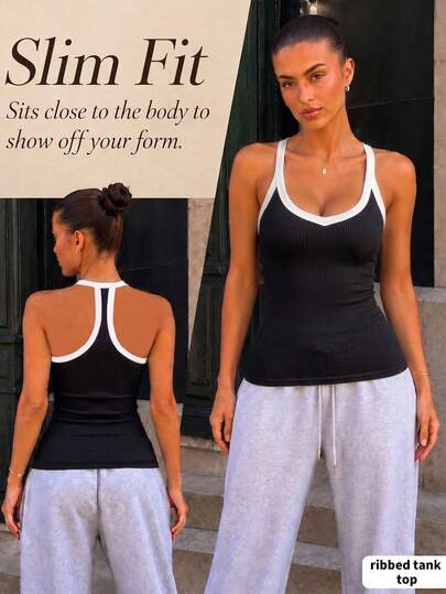 Women's Ribbed Contrast Trim Racerback Tank Top, Fitted Yoga Fitness Workout Sports Vest