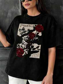 1 Piece Of Washed Cotton T-Shirt For Women, With Vintage Print Of Red Roses And Newspaper, Made Of Pure Cotton, Short Sleeve And Loose Fit, For People With Vintage Style, Halloween, Day Of The Dead, Leisure At Home, Weekend Outings, Vintage T-Shirt For People With Sensitive Skin. - 黑色 - 查看 1