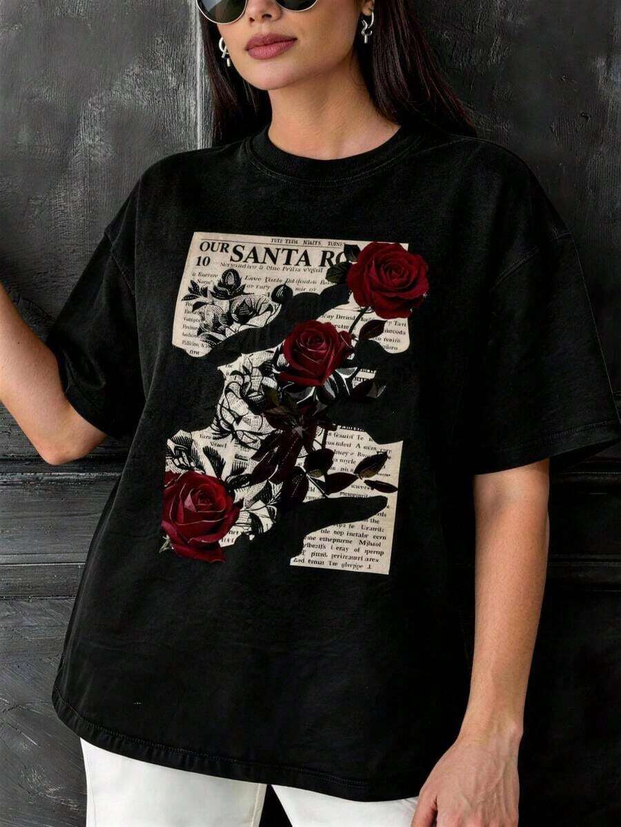1 Piece Of Washed Cotton T-Shirt For Women, With Vintage Print Of Red Roses And Newspaper, Made Of Pure Cotton, Short Sleeve And Loose Fit, For People With Vintage Style, Halloween, Day Of The Dead, Leisure At Home, Weekend Outings, Vintage T-Shirt For People With Sensitive Skin. - 黑色 - 查看 1