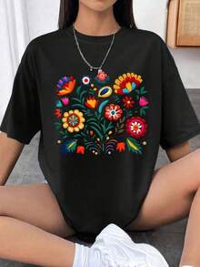 LUNE Blusa estampada con girasol y mariposa para mujer - Negro - Ver 8