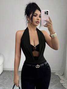 Body de mujer de unicolor con cuello drapeado y recortes huecos - Negro - Ver 5