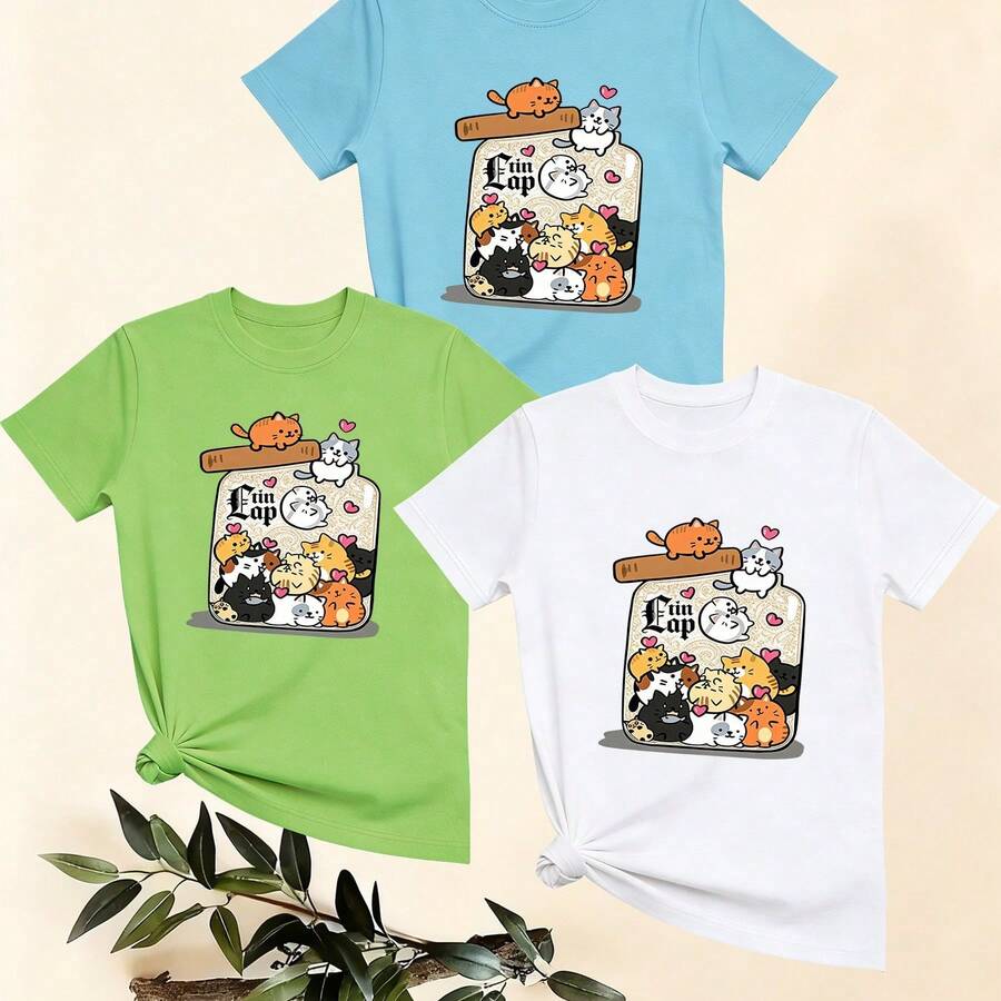 Women's T-Shirts, Women's T-Shirts, Casual One-Piece T-Shirt With Cartoon Cat Print, Comfortable And Breathable For Casual Daily Wear. - 1件白色隨機圖案 - 查看 1