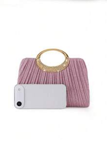 Women's Fashion Sparkling Crystal Diamond Pleated Evening Clutch, Luxury Diamond-Encrusted Formal Wallet, Suitable For Celebrations, Parties, Birthdays, Weddings, As Birthday Gifts, Valentine's Day Gifts, Perfect For Matching With Gowns, Parties, Weddings, Dinners, Dates - Pink - View 4