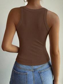 Camiseta de tirantes elegante de unicolor y ajuste ceñido, adecuada para otoño e invierno - Café integral - Ver 4