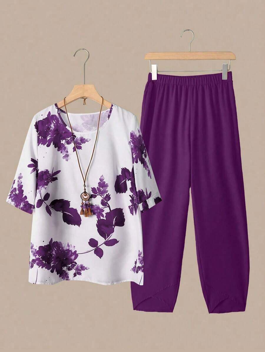 2 piezas Conjunto de top y pantalones casuales estampados para mujer - Morado - Ver 1