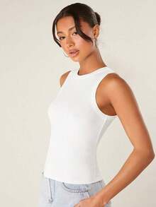 Camiseta de tirantes casual y versátil con cuello redondo y rayas para mujer - Blanco - Ver 3
