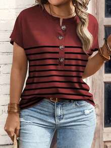 Nueva camiseta de manga corta con cuello en V y estampado de leopardo, talla grande, popular para mujeres en primavera/verano - Burdeos - Ver 6