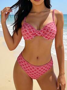 2 piezas traje de baño bikini para mujer,  traje de baño con aros y tirantes ajustables, braga tiro alto estampado floral ditsy fucsia, conjunto sexy moderno para playa vacaciones verano - Rojo - Ver 2