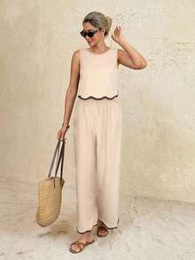 Conjunto de 2 piezas de top de tirantes y pantalones de moda casual de vacaciones para mujer - Albaricoque - Ver 3
