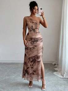 Vestido maxi sin mangas con abertura alta y estampado floral elegante de malla para mujer - Albaricoque - Ver 5