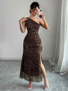 Vestido de mujer elegante con hombro asimétrico, fruncido, efecto tie-dye, malla y cordón de ajuste con abertura lateral - Café integral - Ver 7
