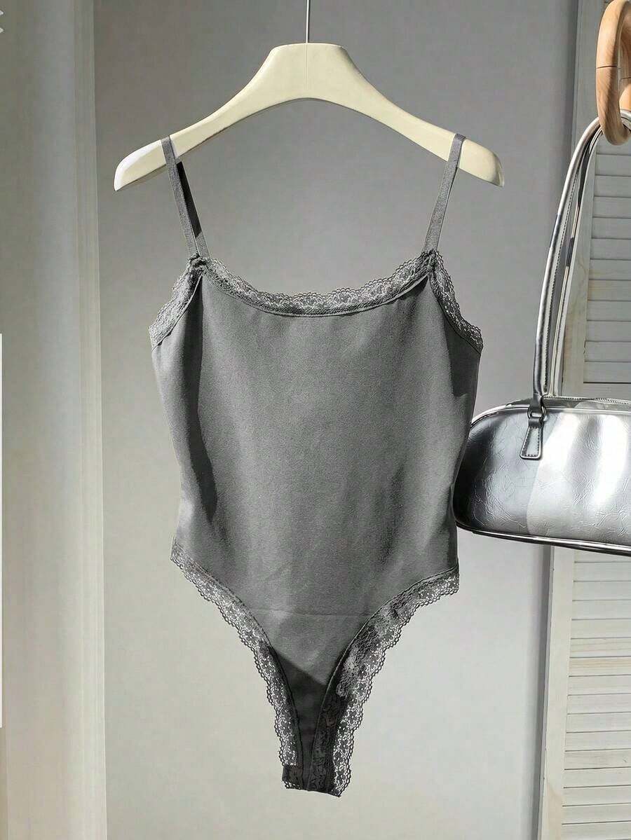 Body Con Tirantes Finos Y Ribete De Encaje Para Mujer - Gris Oscuro - Ver 1