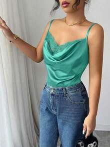 Camiseta de satén asimétrica elegante y sexy con dobladillo de encaje para mujer - Verde - Ver 3