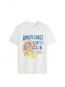 Women's Amalfi Coast Print Short Sleeve T-Shirt, Italian Vacation Style, Seafood And Lemon Cocktail Design, Casual Top, Loose Fit, Slimming Effect, Comfortable, Breathable, Retro American Style, Perfect For Beach Holidays/Summer Strolls/Yacht Trips/Girls' Night Out/Commuting/Music Festivals/Summer Wear. C9E3 - 白色的 - 查看 3