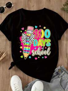 1 "100 Days Of School" T-Shirt For Children And Teachers, Celebrate The 100th Day Of School With A Fun Pencil Design And Colorful Print For Students And Educators, 180g, 100% Cotton. - 黑色 - 查看 4
