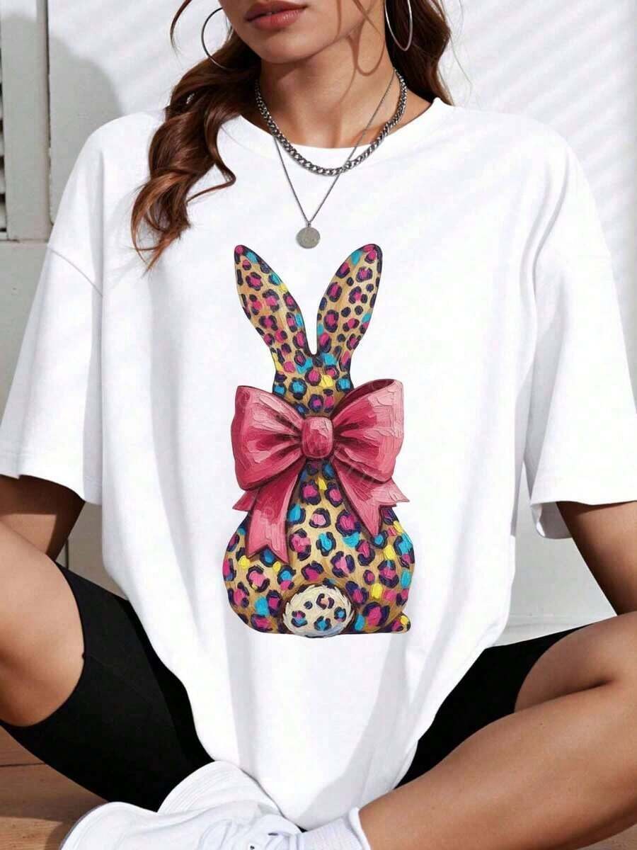 1 Piece Women's Loose Fit T-Shirt, Black Leopard Print With Rabbit And Pink Bow, Easter Theme, Casual Wear, 180g, 100% Cotton. - 白色 - 查看 1
