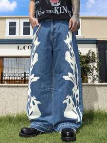 1 chiếc quần jeans ống rộng in họa tiết phong cách punk bụi bặm retro dành cho nam, kiểu dáng đường phố. - Màu xanh lam - Xem 5