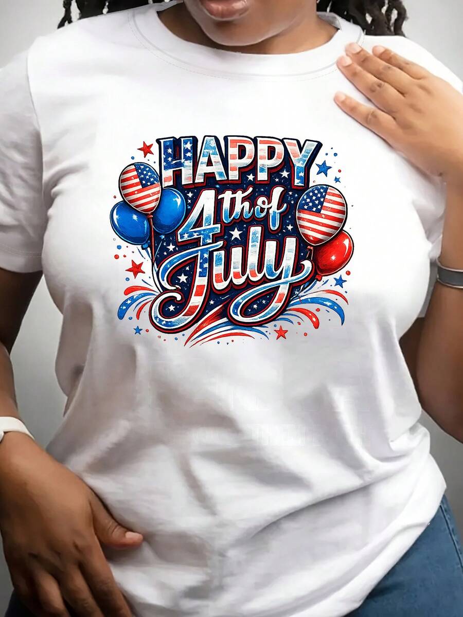 Short-Sleeved T-Shirt For Independence Day, Commemorative T-Shirt With National Flag, Round Neck Style For Women, Comfortable And Soft Fabric, Suitable For Independence Day, Fourth Of July, Heroes' Day, Presidents' Day, Children's Celebrations, Cool Summer Clothes For Women. - 白色 - 查看 1
