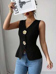 Blusa exterior con cuello en V ajustada con decoración de botones dorados con rosas - Negro 2 - Ver 4