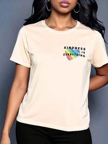 Women's Casual Rainbow Heart Print T-Shirt, Loose Fit Women's Multicolor Heart Print T-Shirt - 杏 - 查看 8