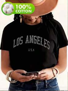Women's Spring Summer Short Sleeve Top With Round Neck Print Of Los Angeles - Black - View 6