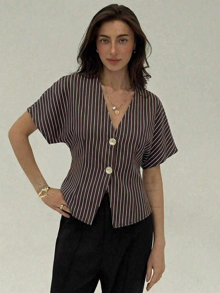 casuales elegantes de color blanco sólido con mangas de murciélago para mujeres, románticas para salir en verano - Marrón - Ver 1