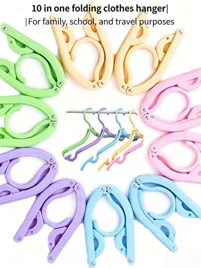 10pcs  Portable Foldable Travel Clothes Hanger, Space Saving Collapsible Plastic Hanger, Lightweight Easy Fold Clothes Drying Rack, Summer Holiday Vacation Cruise Travel Essentials, Luggage Closet Dorm Organization, Back To School Hotel Outdoor Garment Hanger, Random Color Travel Accessories