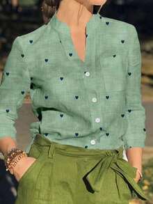 Camisa de mujer de manga larga con botones y bolsillos, con estampado romántico de corazones, adecuada para otoño, invierno y primavera - Verde - Ver 2