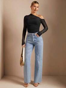 Camiseta Ajustada De Malla Transparente Con Cuello Asimétrico Y Fruncido Para Mujer - Negro - Ver 4